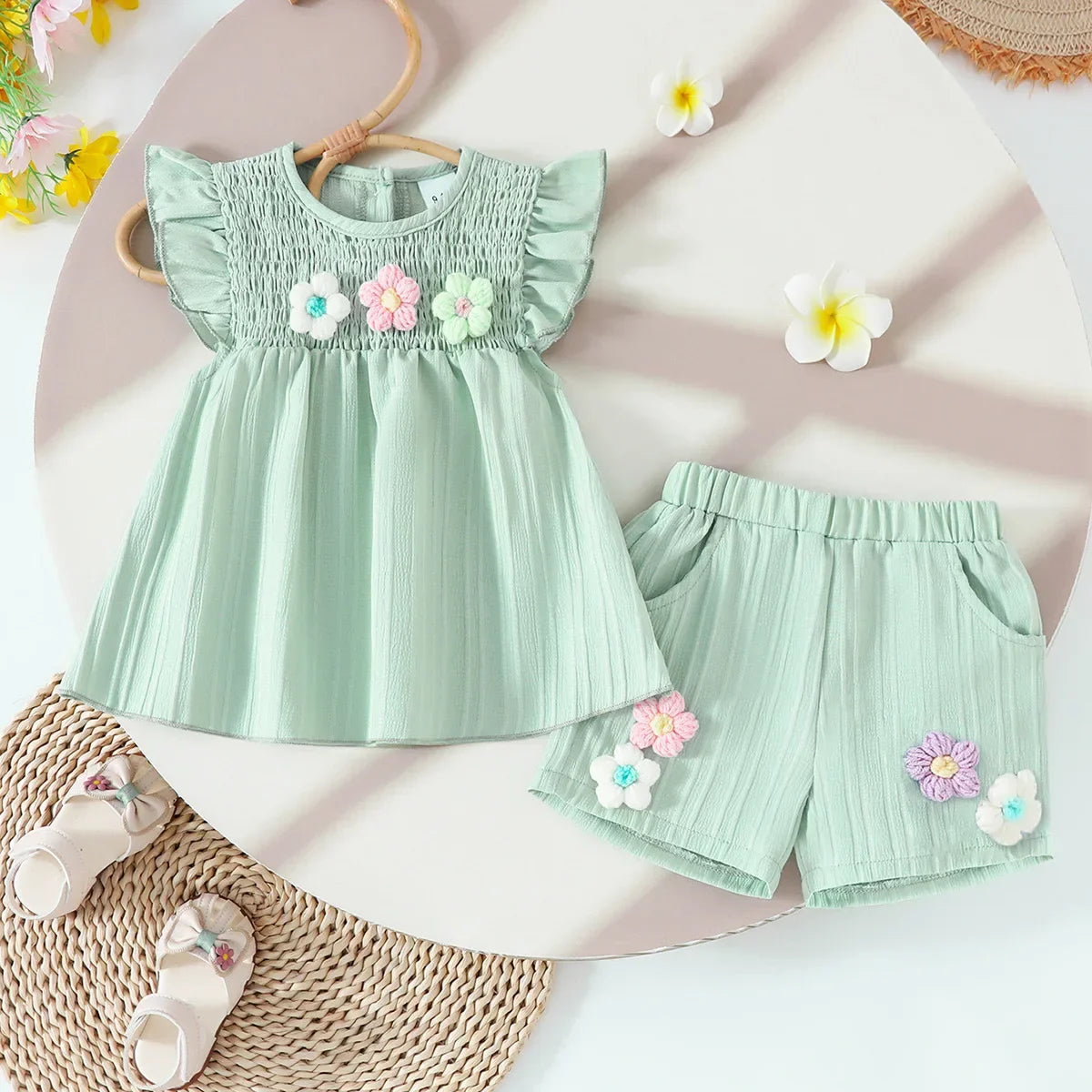 Children's Clothing Sets Small Flower Sleeveless Top + Bow Shorts 2pcs Sets Toddler Girl Clothes Kids Boutique Clothes