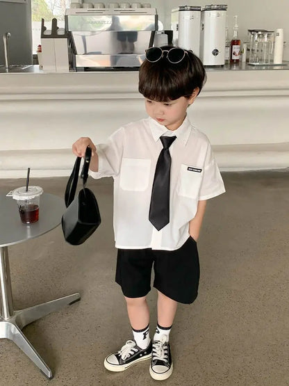 Teens Boys Summer Set Children's Wear Thin 2025 New Handsome British Style Boy White Cotton Short Sleeved Shirt+Black Shorts+Tie