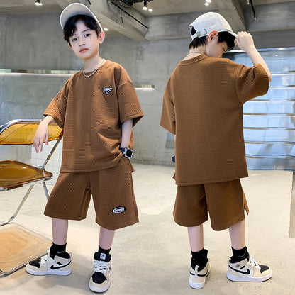New Teenager Casual Outfits Children Trends Clothes Suits Kids Short Sleeves Tops+Baggy Pants 2Pcs