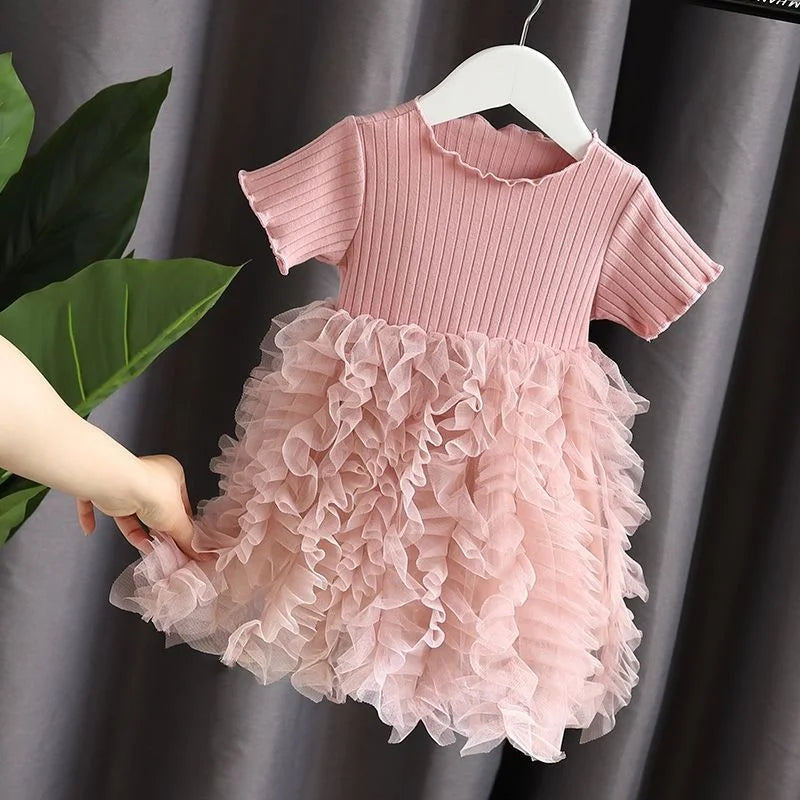 Kid Girl Party Dress Summer Solid Short Sleeve Lace Ribbed Mesh Dress Birthday&Wedding Party Clothing for little Girls