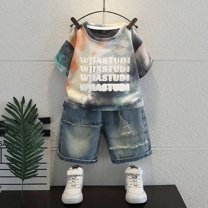 Korean Boys Summer Children's Top and Bottom 2PC Sets Short Sleeve T-Shirt & Denim Shorts Kids Clothes 1-7 Years Black Toddler