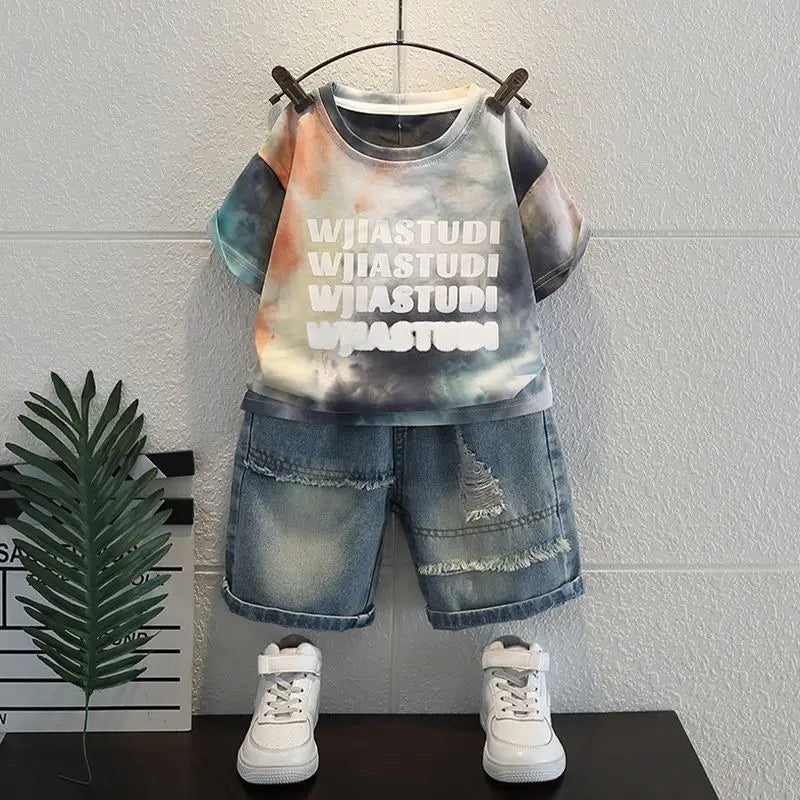 Korean Boys Summer Children's Top and Bottom 2PC Sets Short Sleeve T-Shirt & Denim Shorts Kids Clothes 1-7 Years Black Toddler