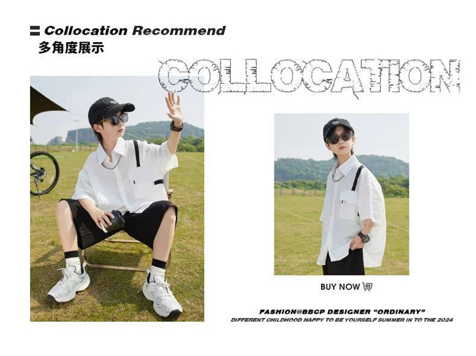 New Children Summer Thin Short Sleeved Shirt Shorts Two Piece Set Children Stylish Clothing Trend