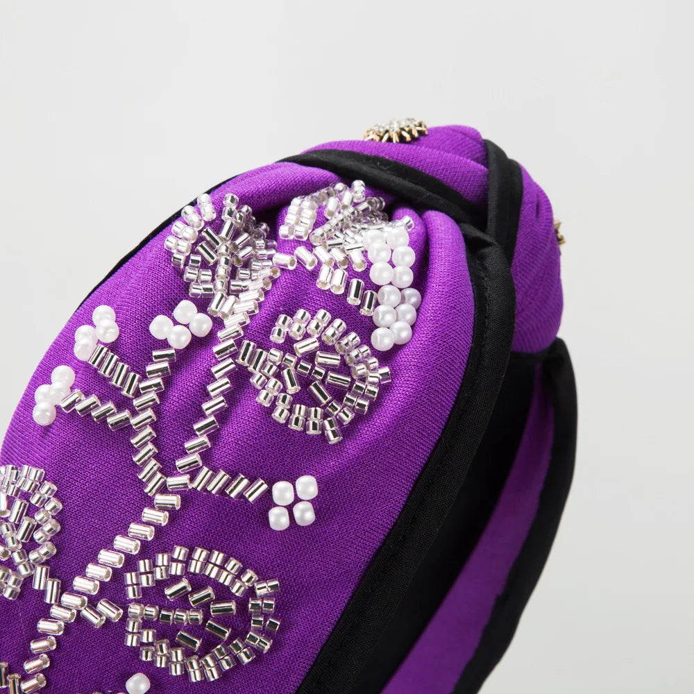 Fashion New Style Wide Brim Knotted Hairband Hand-Stitched Glass Flower Banquet