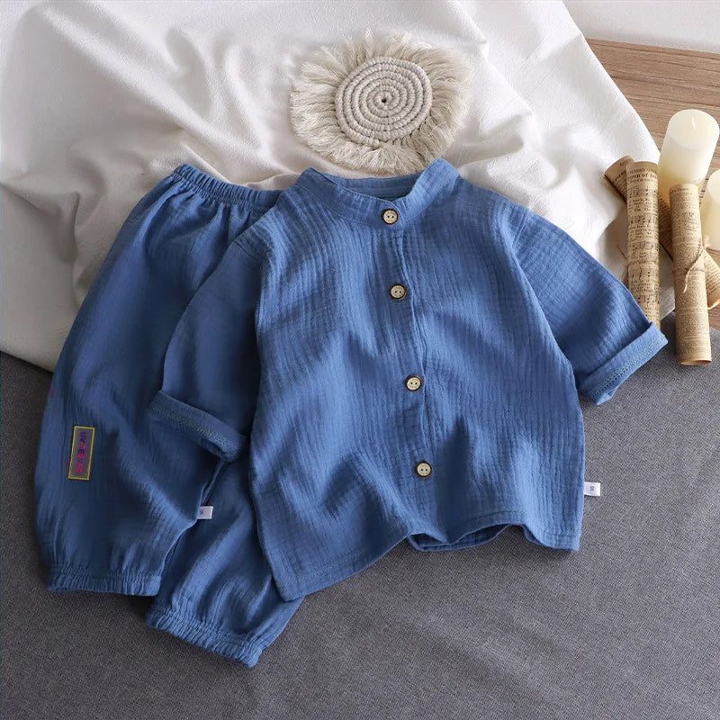 Children's Stand Collar Solid Cotton Set Kids Boy Homewear Clothes Children Clothing Casual Long Pants Set Daily