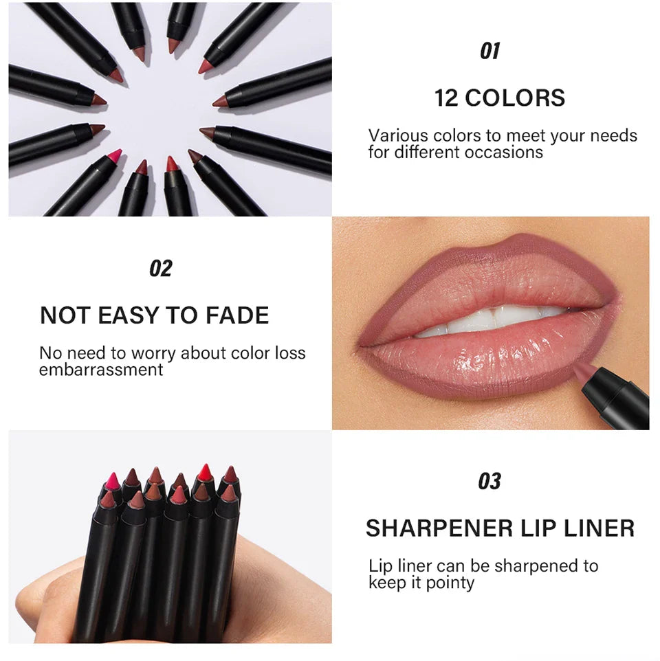 Lipliner Pencil Waterproof Matte Red Contour Tint Lipstick Long Lasting Non-stick Cup Moisturising Lips Makeup 12 Colors