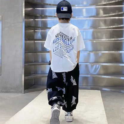 Children's Summer Set Korean Version Boy Hip Hop Loose Short Sleeve T-shirt Casual Mosquito Pants 2-piece Set
