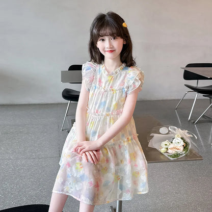 Summer girl's dress new style children's Western style floral chiffon princess dress printed baby's park play skirt