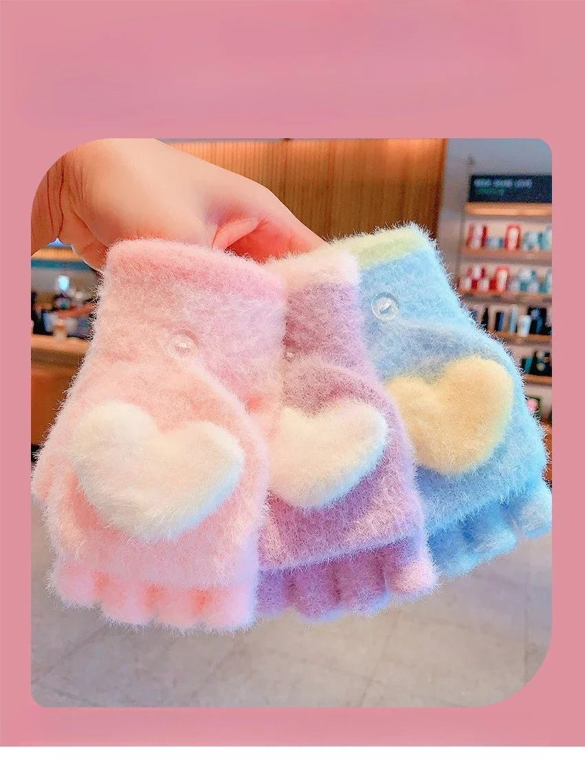 Winter Plush Knitted Cartoon Rabbit Flexible Flip-top Gloves Thicken Warm Cute Gloves For Baby Girls Half Finger Children Gloves