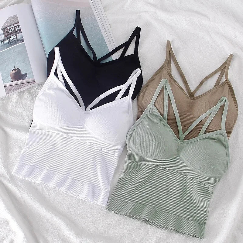 Women's Underwear Seamless Body-fitting Vest Wrapped Detachable Chest Pad Cut Top Elastic Sexy Cross Open Back V-neck Vest Bra