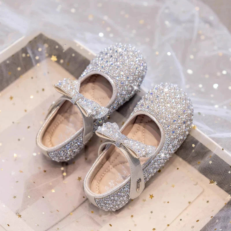 Autumn New Girls Single Princess Shoes Pearl Shallow Children's 2025 Comfortable Flat Shoes Kid Baby Rhinestone Bowknot Shoes