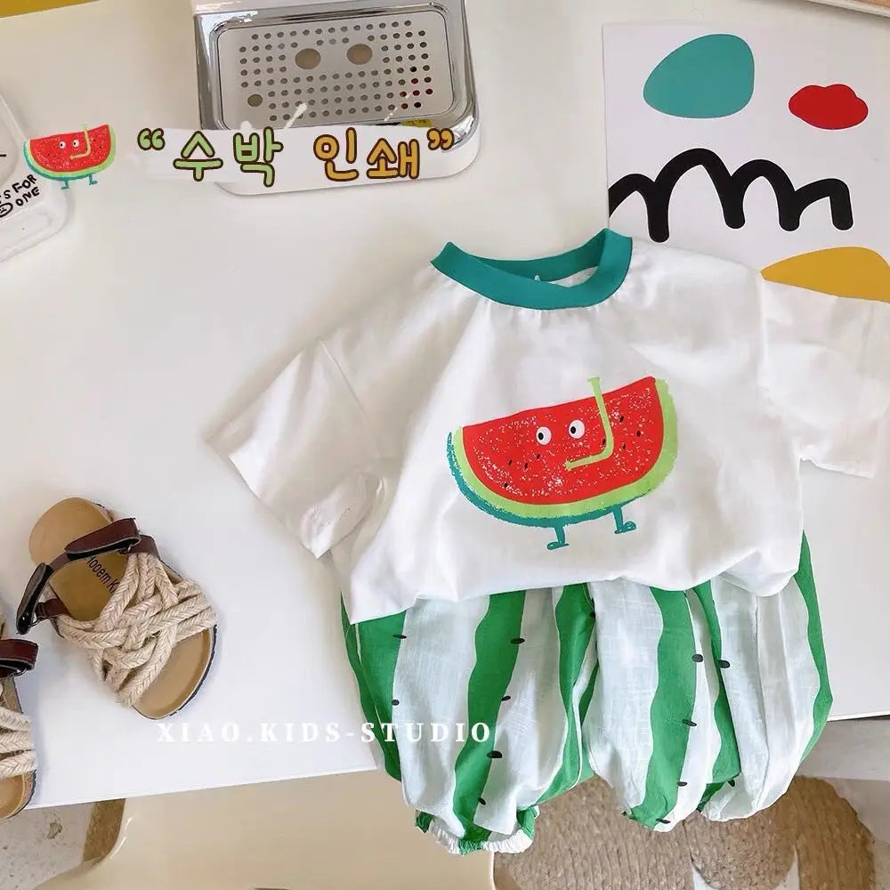 Summer Children Clothes Boys Girls Short-sleeved Striped T-shirt +Shorts 2Pcs Set Babies Fashion Round Neck Outfits Kids Suits