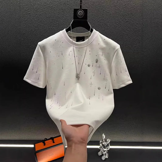 Spring New Heavy Work Light Luxury Custom Short Sleeve T-shirt Top Meteor Full Diamond T-shirt Round Neck Short Sleeve
