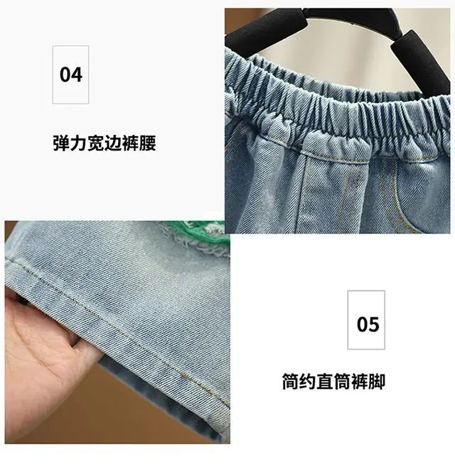 New Children's Printed Thin T-shirt+ hole Denim Shorts Teenager Boys Summer Fashion outfits