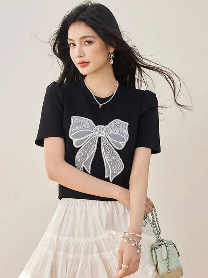 Summer New Sweet Short Sleeved T-shirt Women Fashion Bow Tops Harajuku Casual Simple T-shirt Y2k Top