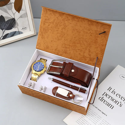 New Watch Men's Gift Set with Box Belt Wallet Set Keychain Sunglasses Cufflinks Ballpoint Pen Father's Day Gift Business Box Set