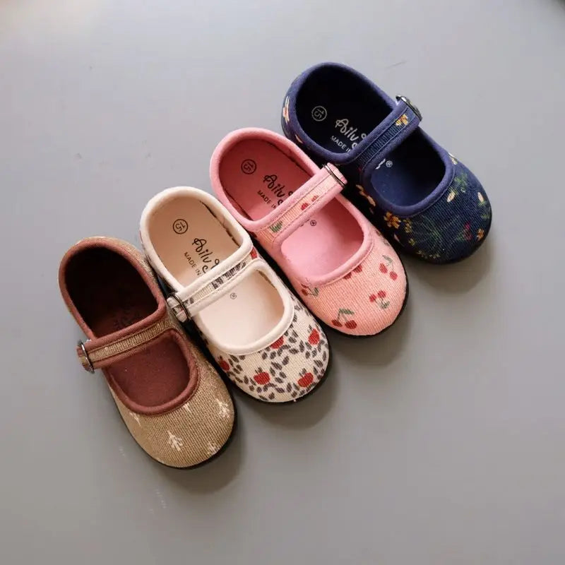 New Corduroy Floral Canvas Shoes Girls Square Mouth Indoor Shoes Soft Soled Non-slip Shoes