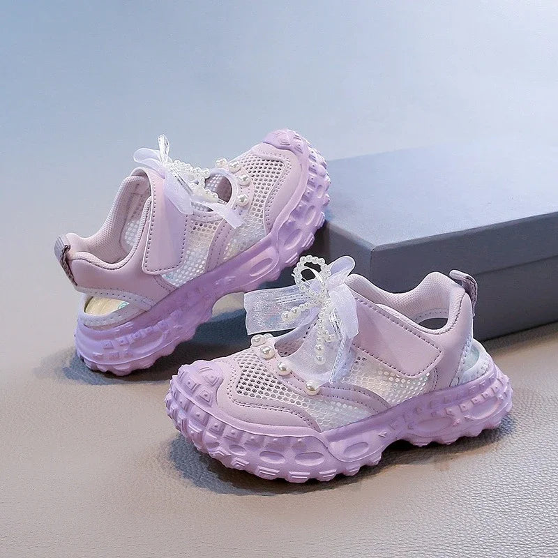 Summer Children School Running Sandals Sweet Breathable Girls Mesh Sports Sandals Non-slip Fashion Kids Princess Cut-outs Shoes
