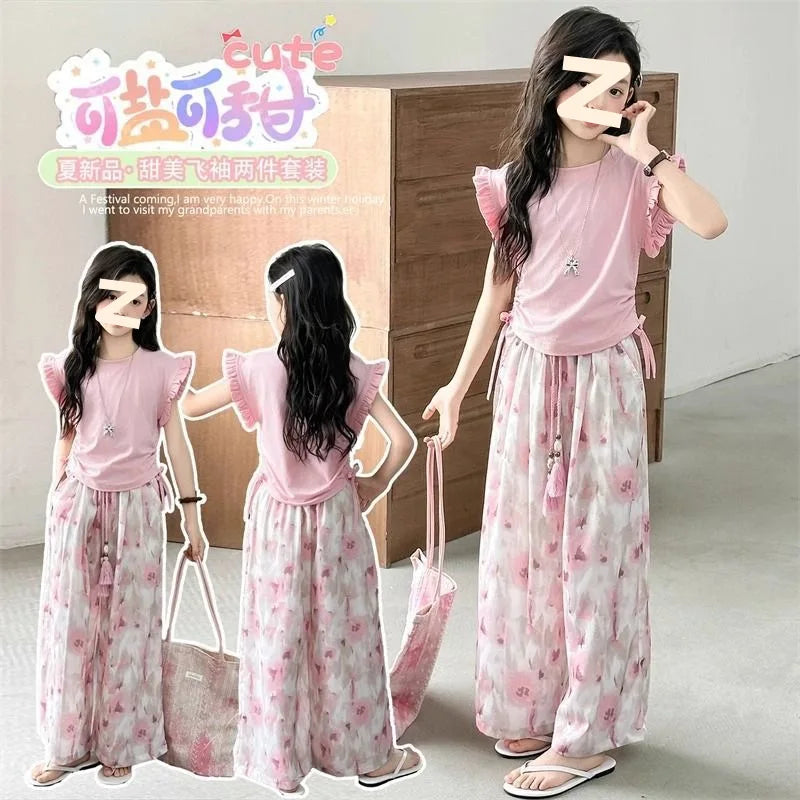 Children's Sets Girls Summer Thin Wide Leg Pants Set: Korean Trendy T-Shirt Two-Piece for Big Kids