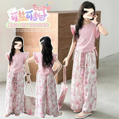 Children's Sets Girls Summer Thin Wide Leg Pants Set: Korean Trendy T-Shirt Two-Piece for Big Kids
