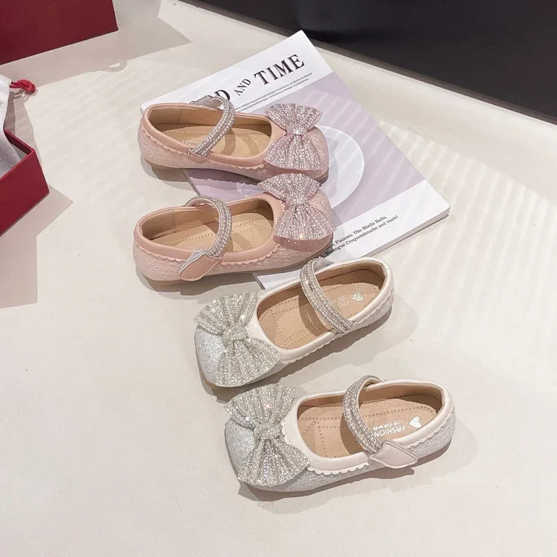 Children's Leather Shoes Bling Sequins Bowknot Princess Shoes for Girls Sweet Chic Kids Causal Wedding Shallow Versatile