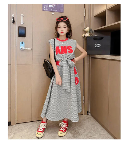 Girls Clothes Summer Kids Fashion Letter Vest + Skirt 2pcs Set Children Clothing Suit Teen Girl Plaid Bowknot Sleeveless Outfits
