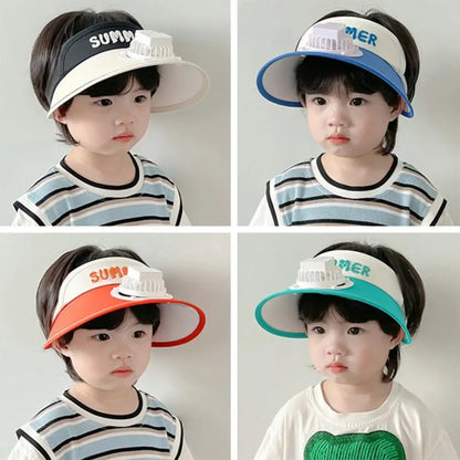 Summer Children Sun Hat with Mini Cooling Fan Empty Top Wide Brim Visor Hat Hiking Travel Sunscreen Hat Girls Boys Outdoor Sun P