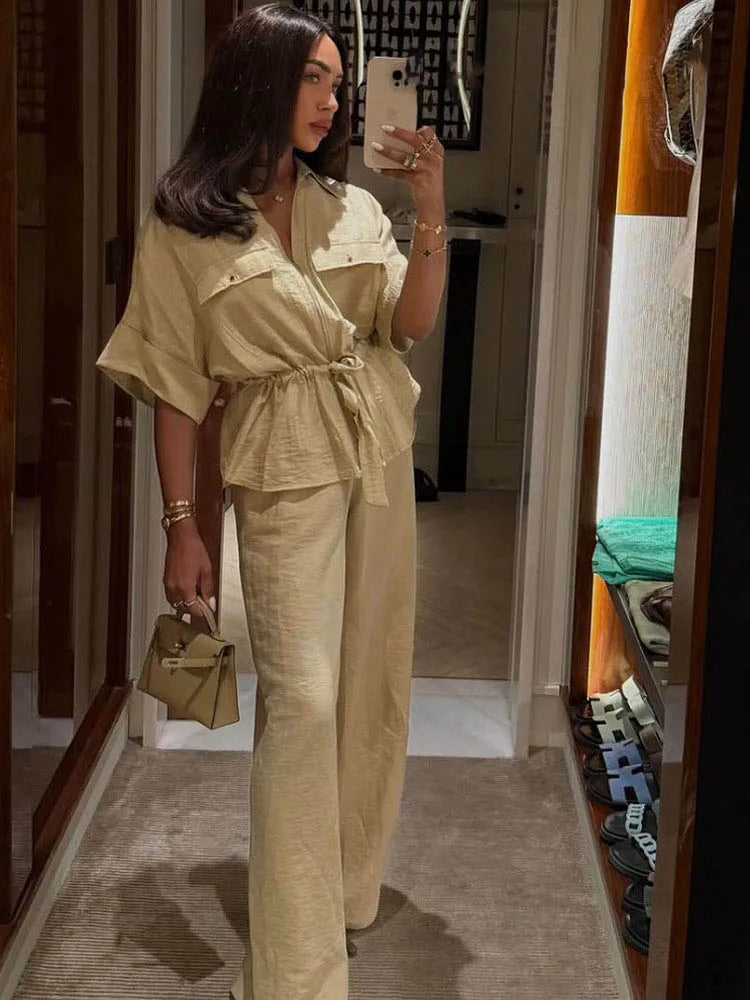 HH Women Pants Suit Solid Short Sleeve Zipper Pocket Drawstring Design Shirt Top+Elastic Waist Loose Casual Wide-leg Pants