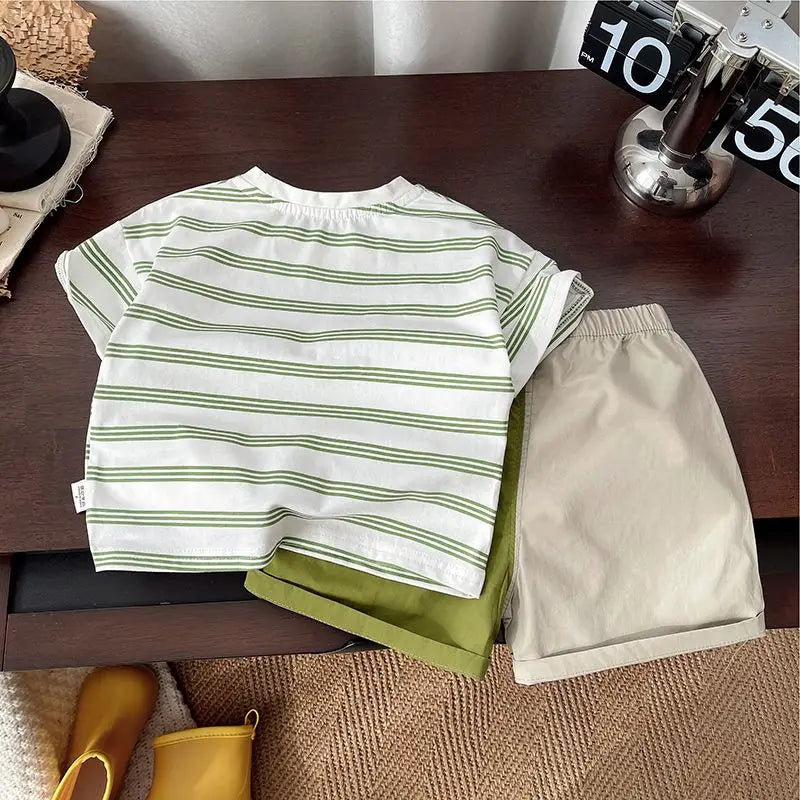 Summer Children Clothes Boys Girls Short-sleeved Striped T-shirt +Shorts 2Pcs Set Babies Fashion Round Neck Outfits Kids Suits