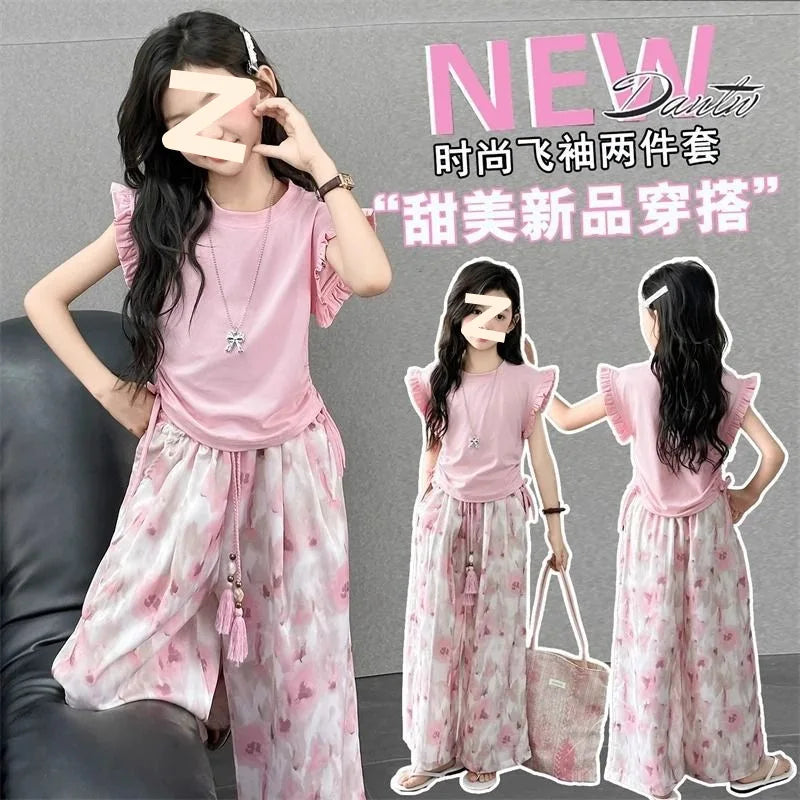 Children's Sets Girls Summer Thin Wide Leg Pants Set: Korean Trendy T-Shirt Two-Piece for Big Kids