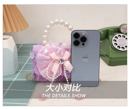 Cute Sequin Bow Kids Mini Square Shoulder Bags Versatile Children Chain Crossbody Bag Lace Girls Pearl Handbags Clutch Purse