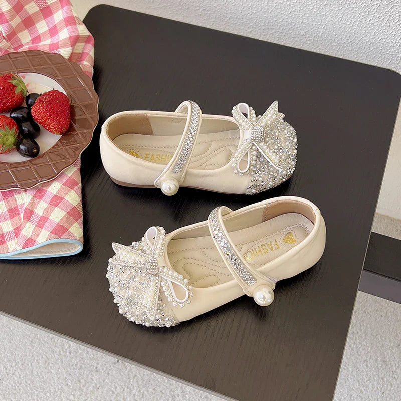 Girls Sparkly Rhinestone Bow Leather Shoes New Spring Toddler School Dance Flats Soft Sole Princess Kid Party Wedding Shoes