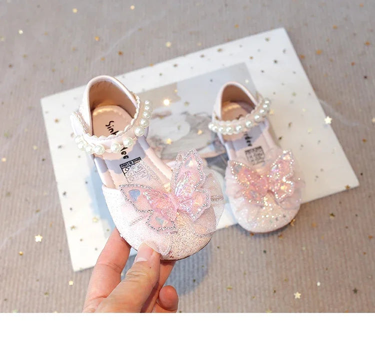 Girls Dress Shoes for Wedding Party Bling Sequins with Rhinestone Butterfly Sweet Princess Chic Kids Flat Shoes Lace Beaded
