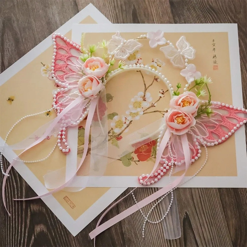 Fresh Sweet Butterfly Flowers Hairband Pearl Beads Silk Ribbon Floral Headwear Fairy Hair Jewelry Decorative Headwear Women Wear