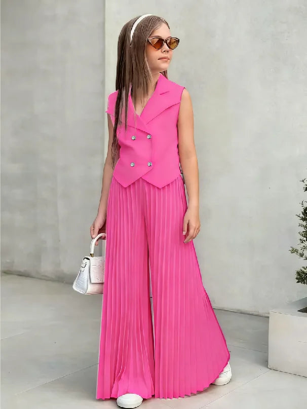 2025 Little Girls 2-Pieces Western-Style Outfit for Girls: Sleeveless Blazer Top+Wide-Leg Pleated Pants