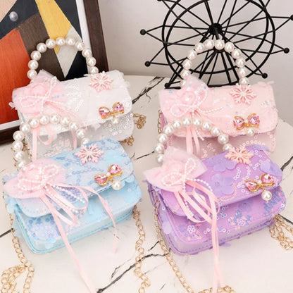 Cute Sequin Bow Kids Mini Square Shoulder Bags Versatile Children Chain Crossbody Bag Lace Girls Pearl Handbags Clutch Purse