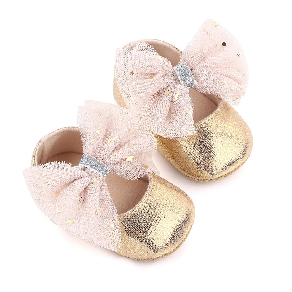 Spring and Autumn New Girl Baby Princess Shoes Mesh Bow 0-12 Months Baby Shoes Single Shoes Learning Walking Shoes