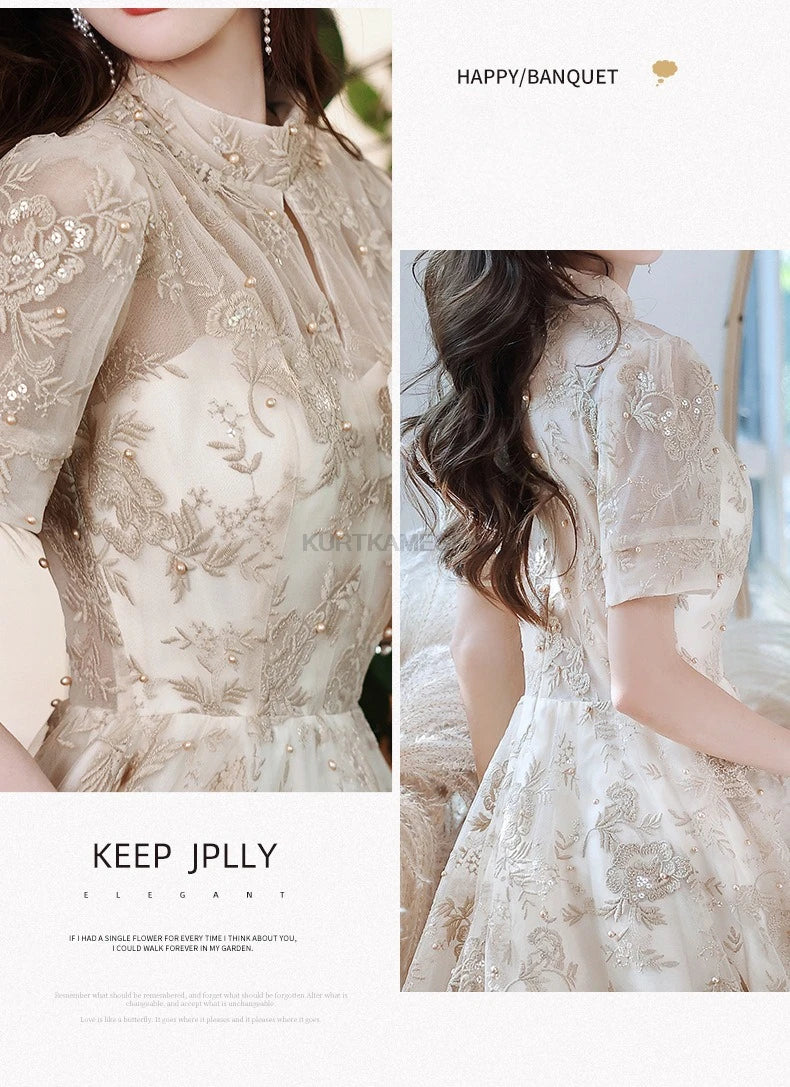 Elegant High Collar Evening Prom Bridesmaid Banquet Party Ball Dress Gown Short Sleeve Flower Embroidery Appliques Formal Dress