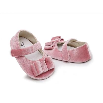 Newborn Baby Girls Mary Jane Flats Cute Bow First Walkers Velvet Non-Slip Mesh Crib Shoes Princess Dress Shoes Soft Sole Flat