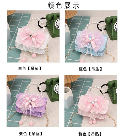 Cute Sequin Bow Kids Mini Square Shoulder Bags Versatile Children Chain Crossbody Bag Lace Girls Pearl Handbags Clutch Purse