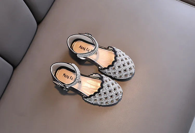 Children Spring Summer Korean Version Dance Shoes Girls Pearl Show Shoes Girl Rhinestone Princess Lace Leather Shoes Solid Color
