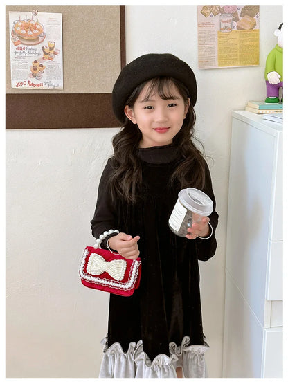 Sweet Bow Children's Small Square Shoulder Bag Sequin Lace Princess Girls Crossbody Bags Pearl Handle Coin Purse Handbags Gifts