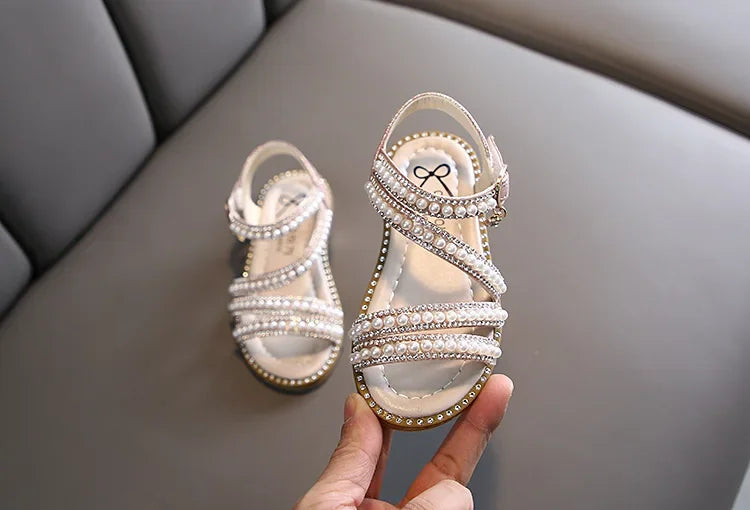 Summer Children's Sandals Korean Style Open-toe Kids Girls Causal Rhinestone Pearl Flats Sandals Fashion Princess Dress Shoes