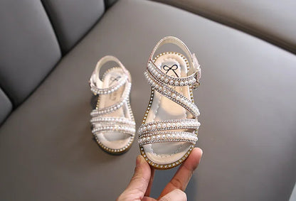 Summer Children's Sandals Korean Style Open-toe Kids Girls Causal Rhinestone Pearl Flats Sandals Fashion Princess Dress Shoes
