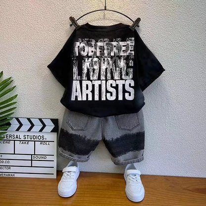 Baby Boys Summer Clothes Fashion Letter Short Sleeve T-Shirt Jeans Pants 2pcs Korean Kids Sport Set Kids Outfits