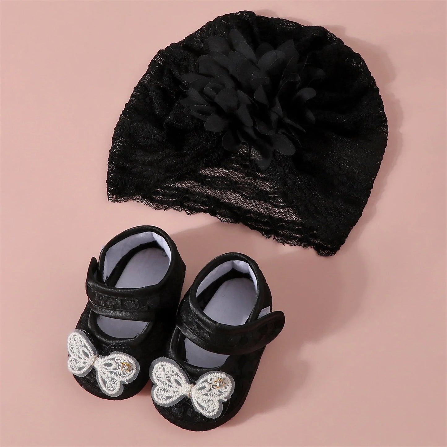 Baby Girls Princess Shoes and Turban Hat Set Bow Decor Lace Soft Non-slip Bottom First Walking Shoes