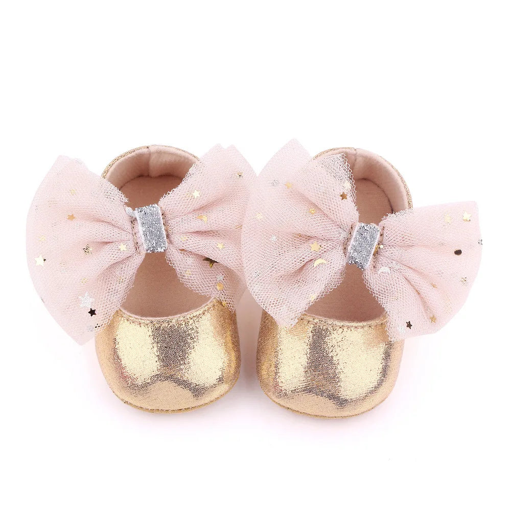 Spring and Autumn New Girl Baby Princess Shoes Mesh Bow 0-12 Months Baby Shoes Single Shoes Learning Walking Shoes