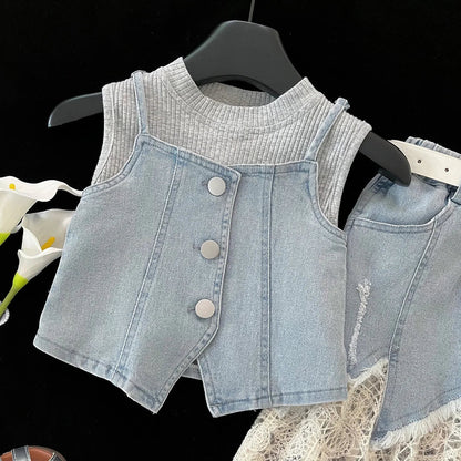 Girls Baby Summer Clothing Set Denim 4pcs Suits Top Vests+Tees+lace Skirts+Belt,fashion Kids Children Birthday Casual Clothes