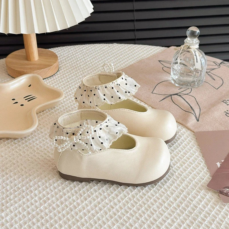 Girl's Leather Shoes Frilly Pearl Adorable Hook-loop Kids Flat Shoe Beige Brown Shallow Sweet Trendy Children Shoe 23-34