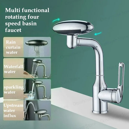 Multi Functional Waterfall Basin Faucet 4 Modes Stream Sprayer 360° Rotation Hot Cold Water Sink Mixer Stainless Steel  Wash Tap